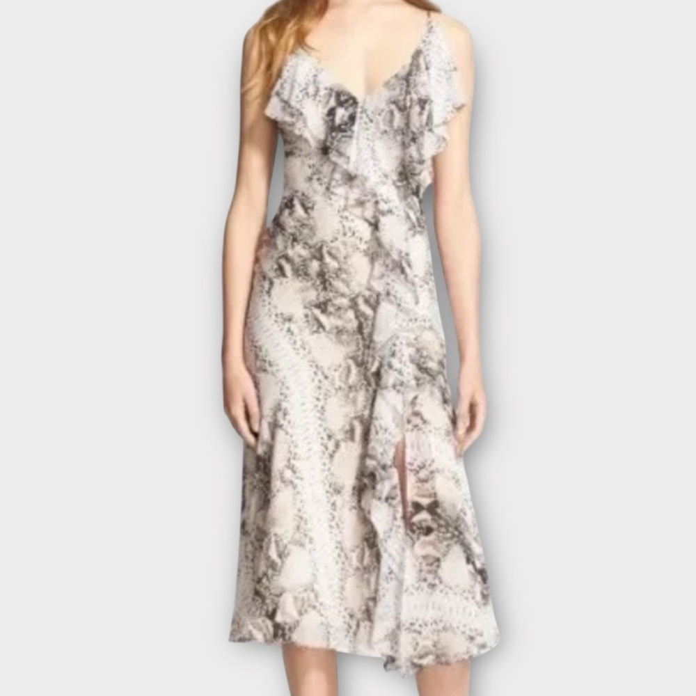 Haute Hippie Women’s Wrap Dress Small 100% Silk Midi Snakeskin Ruffles Feminine